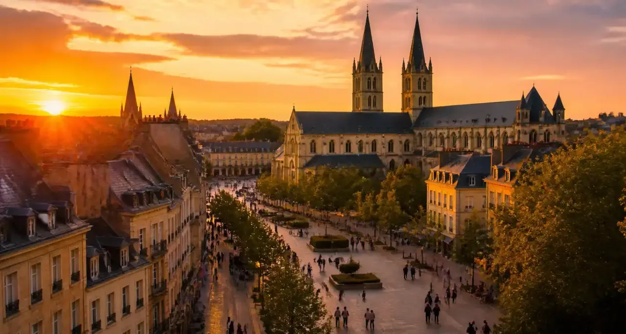 Caen, centre-ville et l'abbaye au coucher du soleil