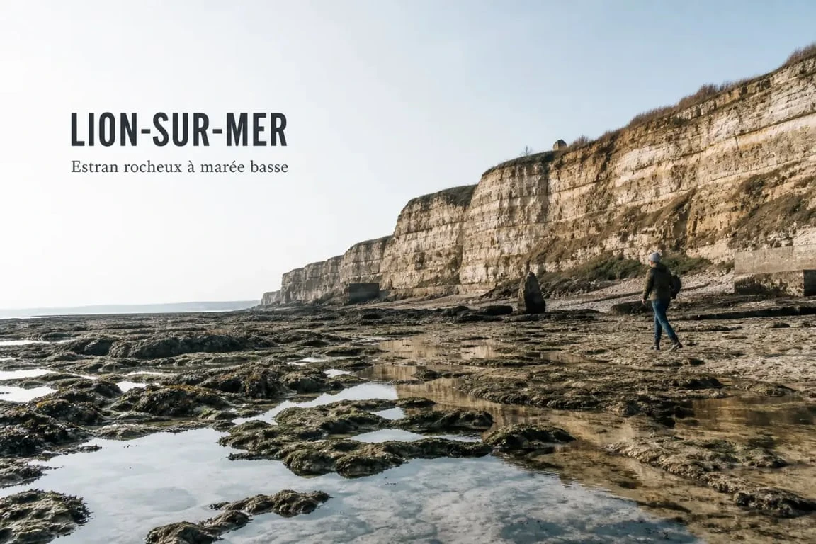 Plage caen mer à Lion-sur-Mer, estran rocheux et falaises à marée basse