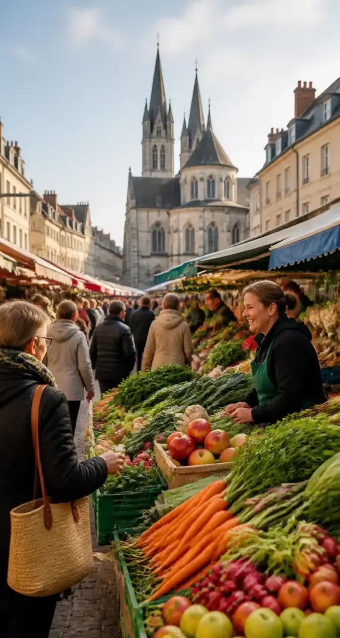 Marché local dans un quartier de Caen, étals et animation