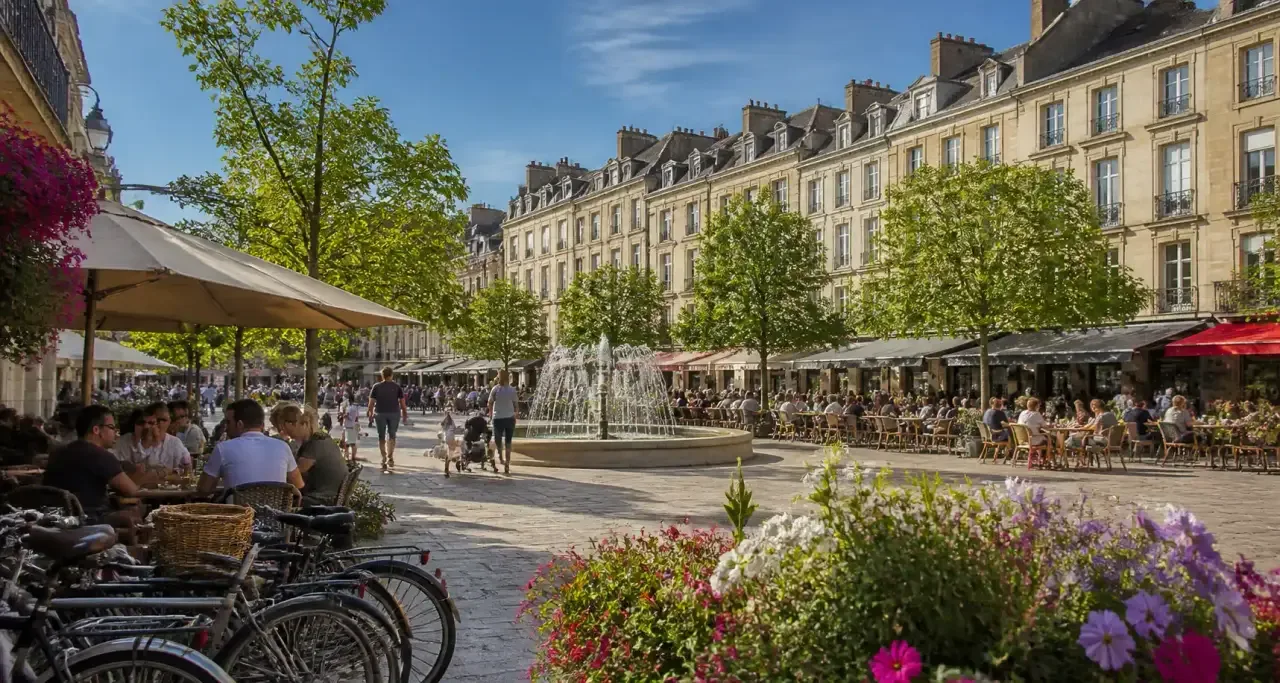 Terrasse de café sur une place de Caen, un dimanche
