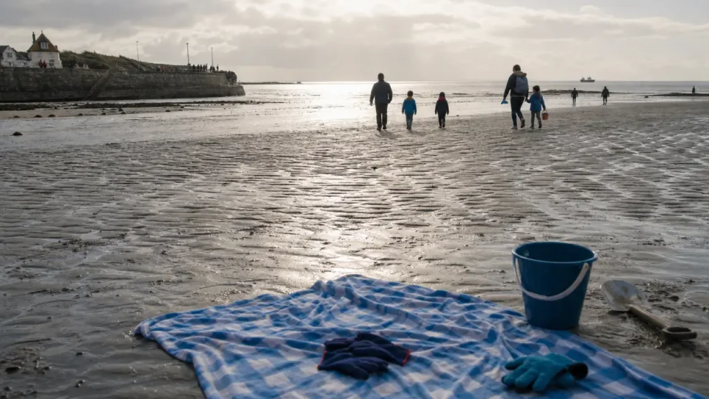Plage proche de Caen : sable humide, familles vers la mer, marée basse