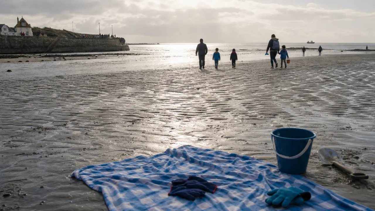 Plage proche de Caen : sable humide, familles vers la mer, marée basse