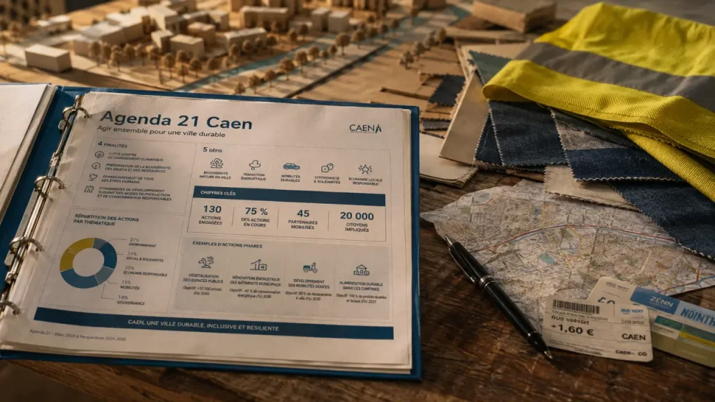 Agenda 21 Caen : classeur municipal et infographie avec objectifs chiffrés