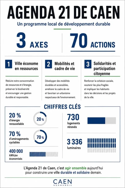 Agenda 21 Caen : infographie des axes, objectifs et chiffres clés du plan local de développement durable