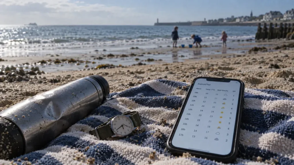 Meteo caen plage : tableau horaire sur serviette à Ouistreham