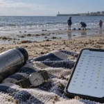 Meteo caen plage : tableau horaire sur serviette à Ouistreham