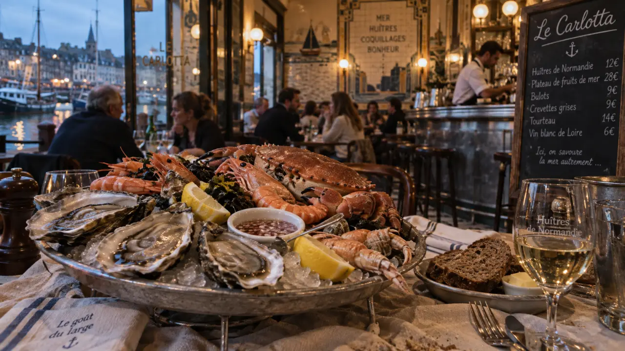 le carlotta restaurant caen : fruits de mer sur glace, sur un quai normand