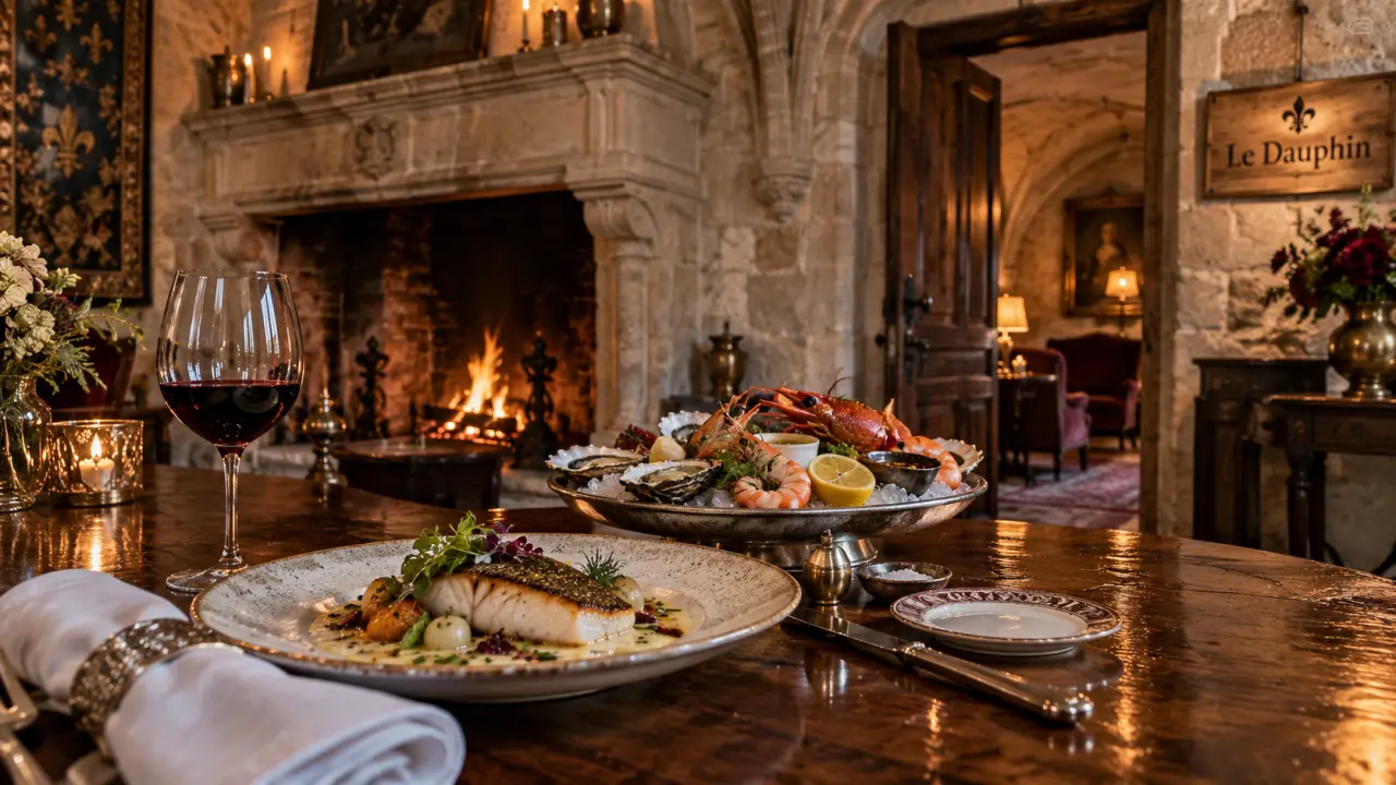 Restaurant le dauphin caen : vue intérieure, turbot et fruits de mer dans un ancien prieuré